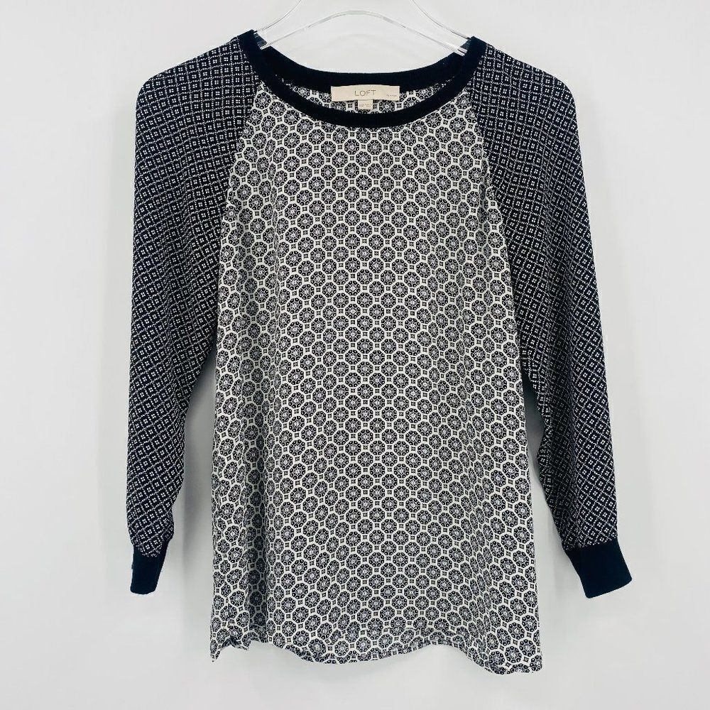 LOFT Size XXSP Black & White Geometric Print Long Sleeve Popover Blouse Top